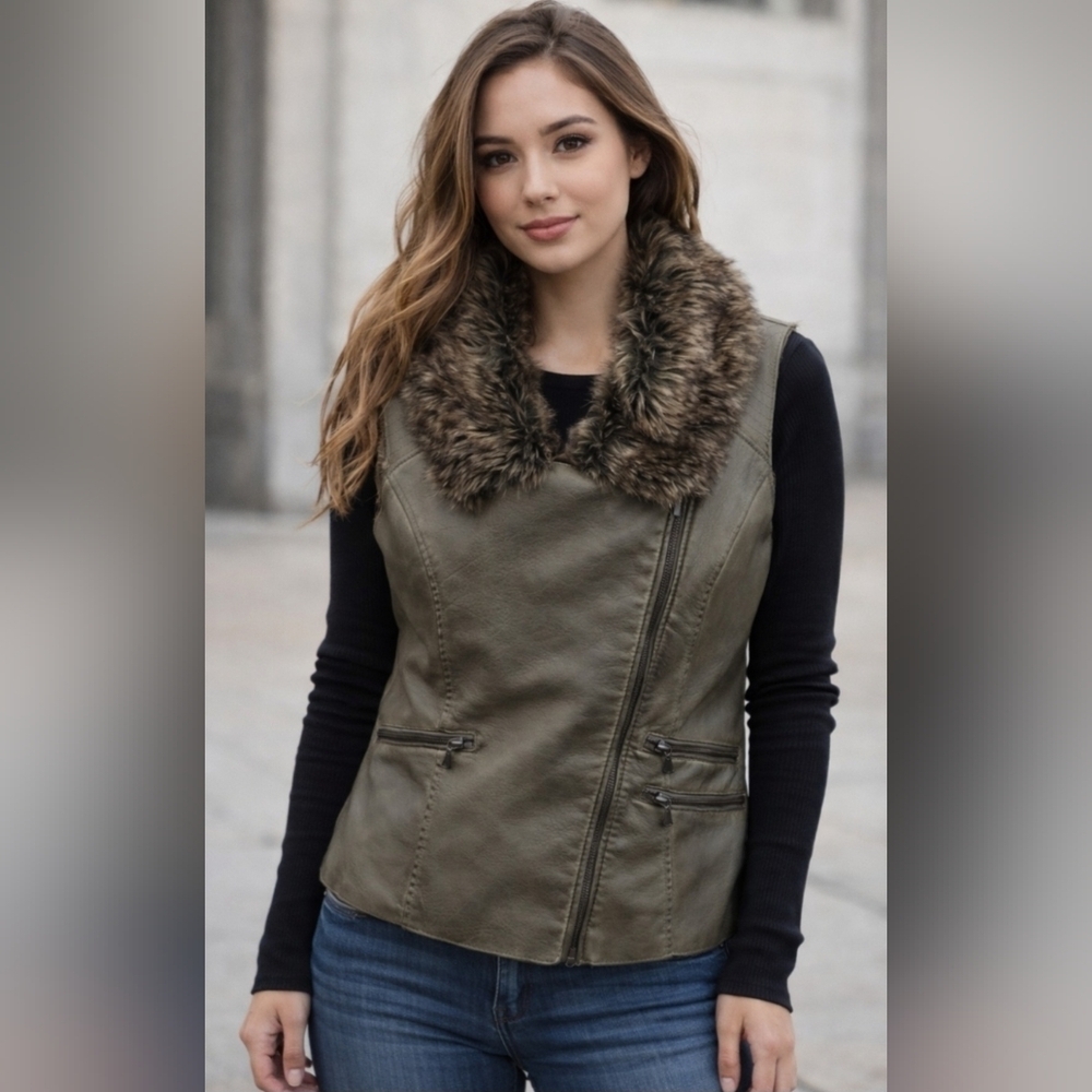 Maurices Womens Size Large Faux Fur Vest Gun Metal Green
